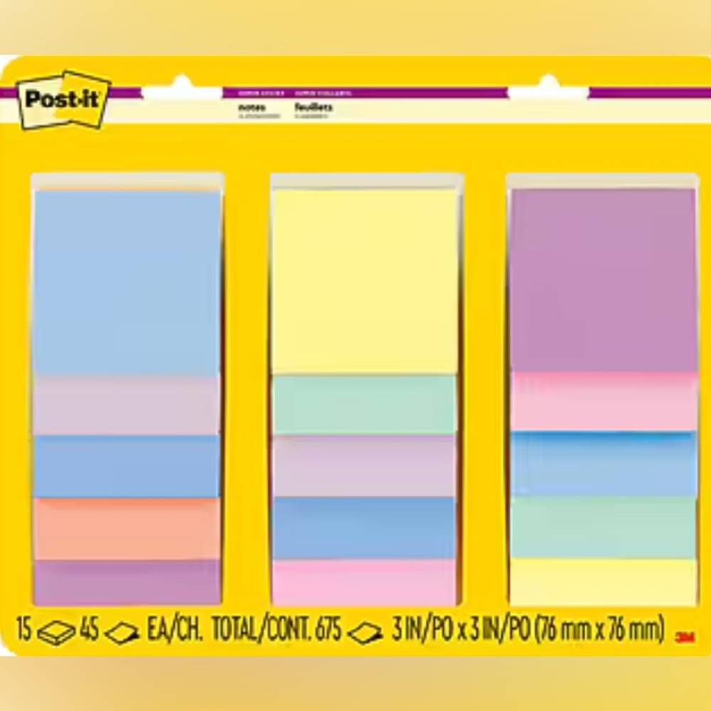 Post-it Notes, 3" x 3", Assorted Colors, 45 Sheets/Pad, 15 Pads/Pack - New